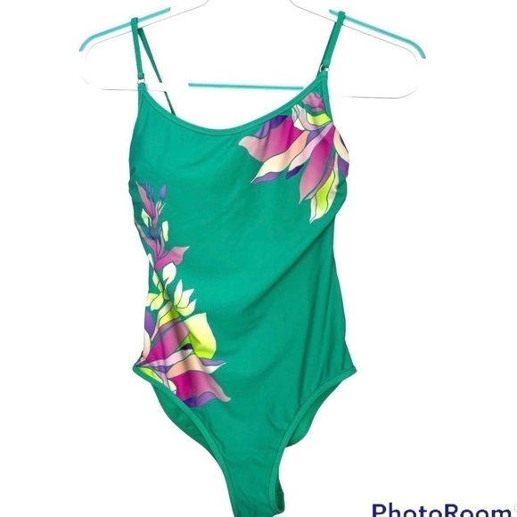 Athleta Teal Vintage Floral Hawaiian Green Pink One Piece Strappy Swimsuit - Picture 6 of 8